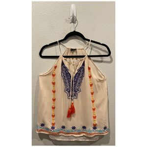 THML Cream Embroidered Multicolor Tassel Halter Blouse